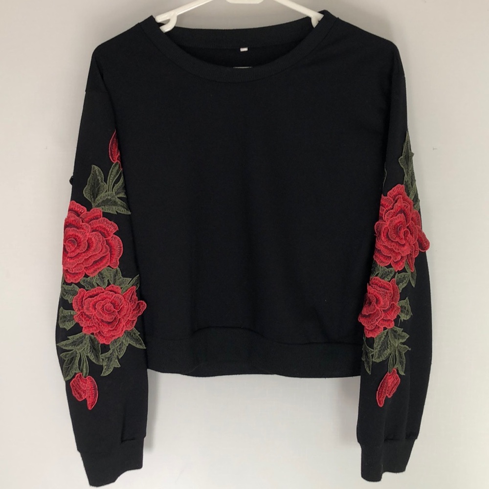 Donating, last chance! Rose embroidered black top